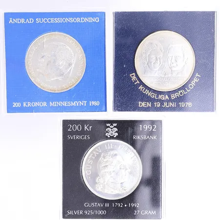 Tre jubileumsmynt, 200kr 1992, 200kr 1980 & 50kr 1976, i etuier, silver 925/1000 Vikt: 81,1 g