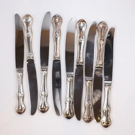9st Matknivar modell Patricia, blad i rostfritt stål, längd 20cm, MEMA, silver 830/1000 Vikt: 569,6 g