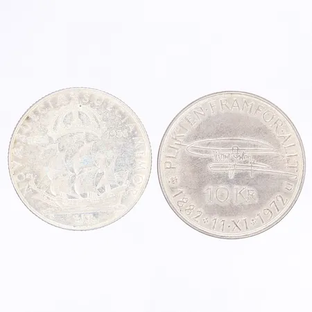 Två silvermynt, 10kr 1882 samt 2kr 1938, silver 800/1000 Vikt: 33,1 g
