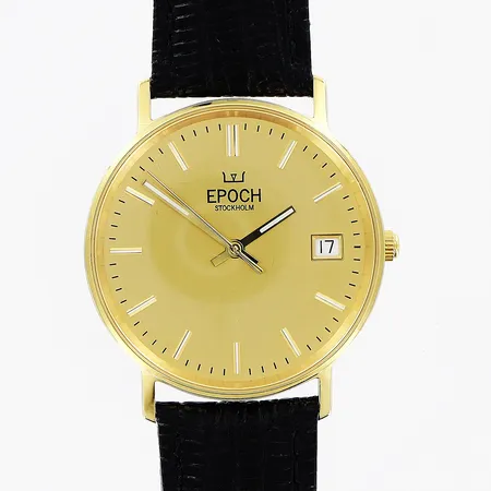 Herrur Epoch, 18K, quartz, Ø34mm, guldfärgad urtavla, datum, sekundvisare, original läderband, 24cm, garantifolder December 2024 Urhandel Bernhard Huke, bruttovikt 31,8g, etui.
