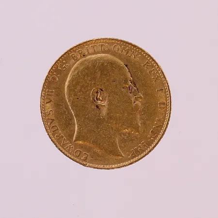 Mynt 1 Sovereign, Edward VII, 1908, Ø22mm, 22K.  Vikt: 8 g