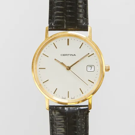 Herrur Certina 18K, quartz, datum, Ø 34mm, läderarmband, gravyr, behov av batteribyte, bruttovikt: 31,2g