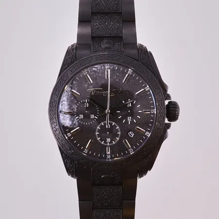 Herrur Thomas Sabo Rebel at heart Chronograph svart stål, quartz, datum, kronograf, ref-nr: WA0385, svart stållänk, extra läderband, skruvmejsel och box.