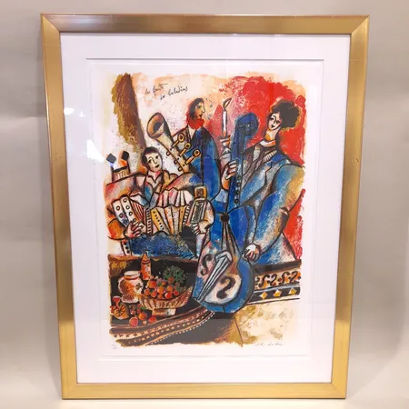 Tavla, färglitografi, Theo Tobiasse, Les fruits de baladins, signerad, numrerad 103/180, bildmått 76x56 cm, mått inklusive ram 99x78cm, smärre skador på ram. Skickas med postpaket. Skickas med postpaket.