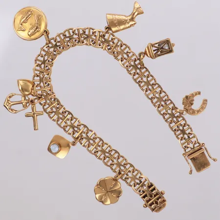Armband, x-länk med stav, 7 berlocker, 18,5cm, bredd: 8,2mm, 18K Vikt: 20,5 g