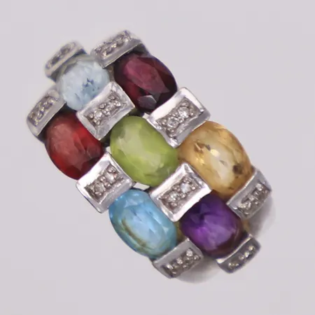 Ring med diamanter 20 x ca0,005ct, ametist, citrin, granat, topas, peridot, rhodolit, Guldfynd, stl 15½, bredd 2,5-11,5mm,  vitguld, 18K  Vikt: 5,4 g