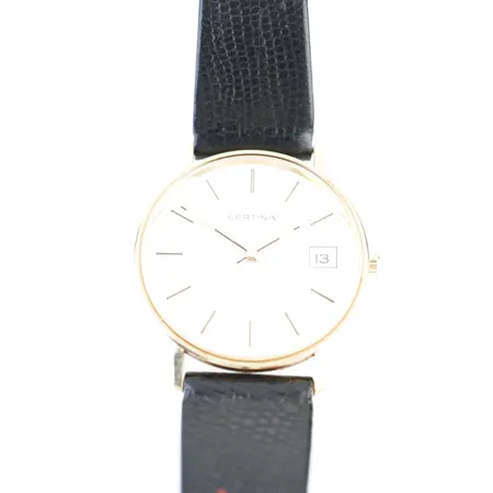 Herrur Certina, quartz, ca 33mm, 14k, batteribyte krävs, gravyr bakboett