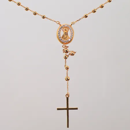 Halsband med vita stenar och kors, längd runt hals 45cm + 9 cm som hänger ned, bredd 1-2,5mm, 21K 8g totalt. 