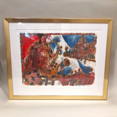 Tavla, färglitografi, Theo Tobiasse, Jazz à Venise, signerad, numrerad 103/180, bildmått 56x76 cm, mått inklusive ram 78x99cm, smärre skador på ram. Skickas med postpaket. Skickas med postpaket.