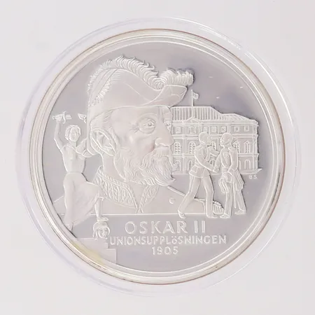 Minnesmynt Kungariket Sverige Ø36mm, Oskar II Unionsupplösningen 1905, etui, silver 925/1000.  Vikt: 27,1 g