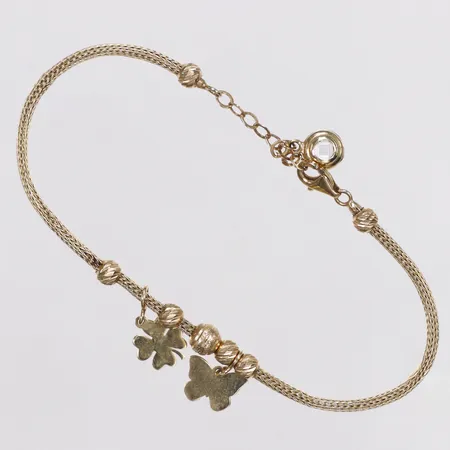 Armband, 2 berlocker, kulor, vit stenar, längd 20cm, bredd 1,5-5mm, defekt länk, 14K  Vikt: 4,1 g