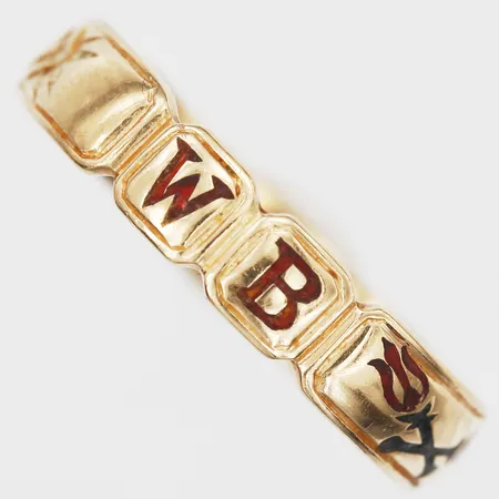 Ordensring, Sällskapet Wänskapsbröderna, dekor i emalj, stl: 24¼, Guldvaruaktiebolaget G. Dahlgren & Co, Malmö 1949, personlig gravyr, emaljbortfall, 18K guld. Vikt: 8,4 g