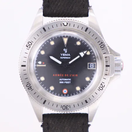 Herrur Yema Superman Armée De L´Air, stål, automatisk, 39mm, limiterad upplaga, numrerad 336/1948 svart tyg/läderband, bruksslitage, inga tillbehör