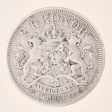 Mynt, Oscar II Sveriges Konung, 2kr, Ø31mm, Sveriges Väl, 1907, silver 800/1000 Vikt: 14,9 g