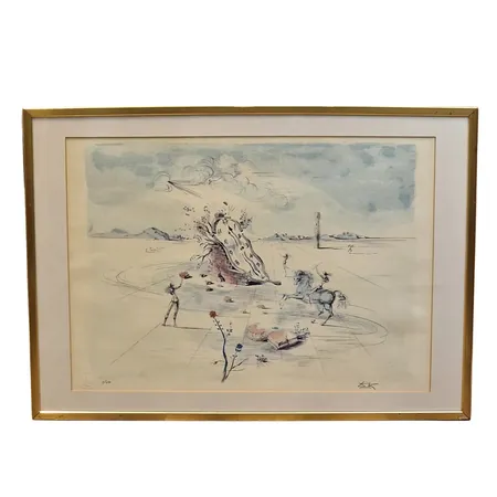  Salvador Dali (1904-1989), Färglitografi, "Cosmic Horseman", signerad och numrerad i blyerts 1/250, pappersstämpel i nedre vänster hörn, bildmått 45 x 63 cm, yttre rammått 55 x 77 cm, professionell inramning, passepartout, glasad, ram med defekter (förgyllningsbortfall)  Vikt: 0 g Skickas med postpaket.