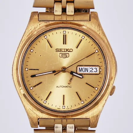 Herrur Seiko 5, Ø 36mm, automatisk, månad/datum, ett index sitter lös i tavlan, #752086, #7S26-3170, doublé