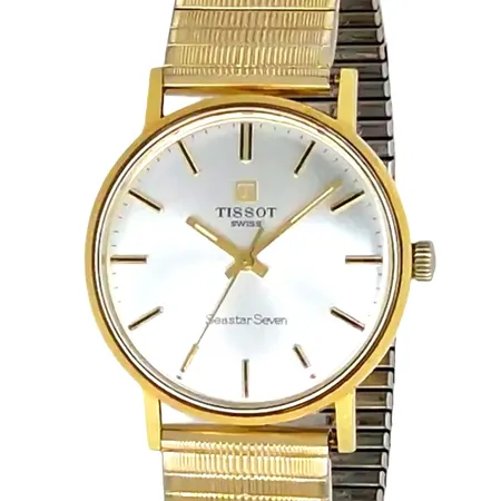 Herrur Tissot Seastar Seven, 18K guld, Ø33,5 mm, manuell, plexi - repor,  slitage krona, universal flexband i stål, gravyr " För nit och redlighet..." + personnummer Vikt: 0 g