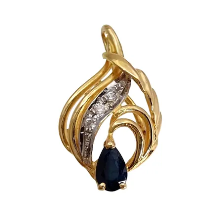 Hänge, 18K guld, Safir, vita stenar, CCC, svensk kontrollstämpel, längd inkl. ögla 20 mm, bredd 11 mm, fint skick Vikt: 1,5 g