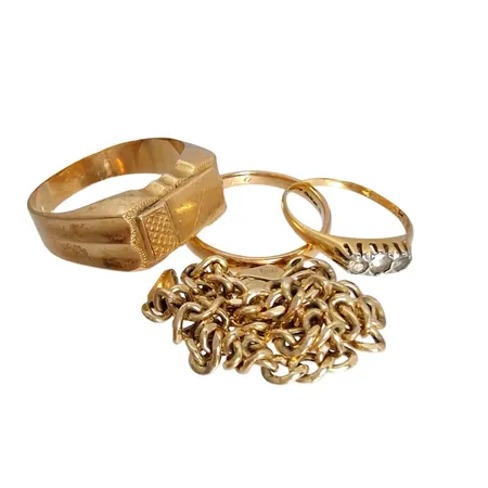 Diverse guldsmycken, gravyrer/defekter/slitage, armband, 9K, 2,6g, 3 ringar, 18K guld, 7,8g