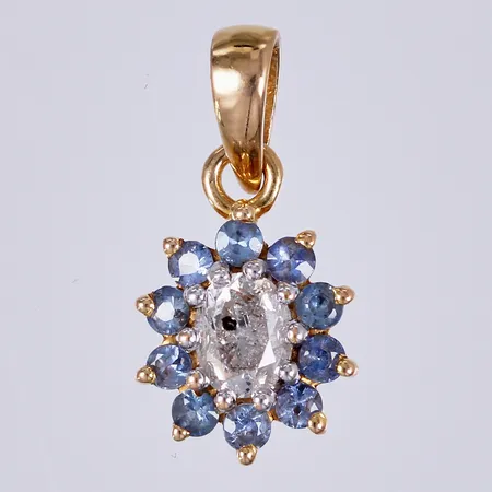 Hänge med blå stenar samt ovalslipad diamant ca 1x0,30ct (Piqué), längd ca 1,5cm, bredd ca 8mm, 18K Vikt: 1,4 g