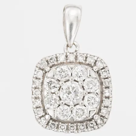Hänge med briljantslipade diamanter, mittensten ca. 0,10ct, 8 x ca. 0,03ct och 24 x ca. 0,005, höjd inkl. ögla: 16mm, bredd: 10mm, stämplad "ZEI", 10K vitguld. Vikt: 1,8 g