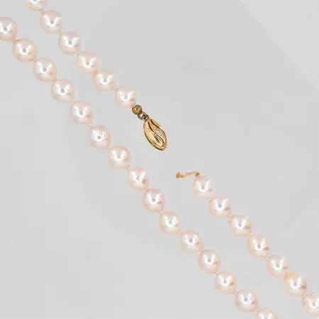 Pärlcollier, 47cm, Ø 7mm, fin lyster, defekt, tråd gått av, låsdel saknas, lås med diamant ca 0,01ct, 18K Vikt: 0 g
