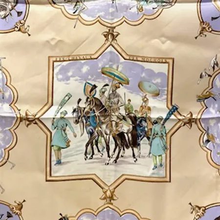 Scarf, Hermès, "Les Chevaux, Empereurs Moghols", Jean de Fougerolle 1997, siden, 90x90cm, fläckar.