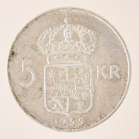 Mynt, Gustaf VI Adolf Sveriges Konung, 5kr, Ø34mm, 1955, silver 400/1000 Vikt: 17,8 g