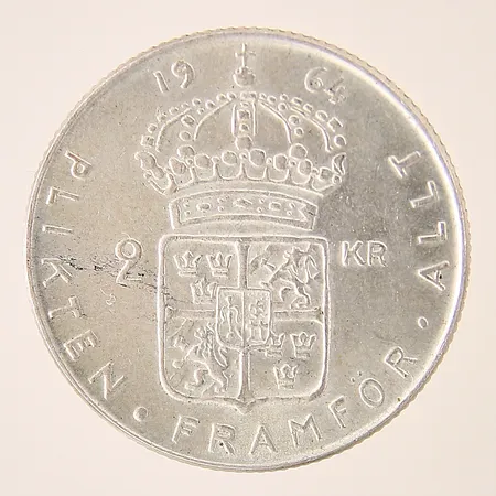Mynt, Gustaf VI Adolf Sveriges Konung, 2kr, Ø31mm, Plikten framför allt, 1964, silver 400/1000 Vikt: 14 g