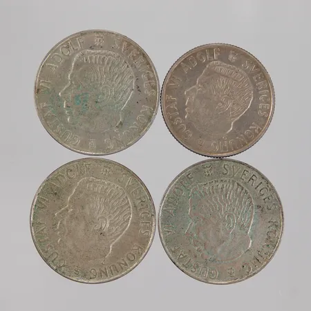 Mynt 4st, Gustaf VI Adolf Sveriges Konung, 5KR år 1954-1955, 2KR år 1963, Ø 31/34mm, Silver 400/1000  Vikt: 67,9 g