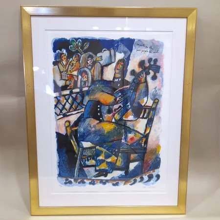 Tavla, färglitografi, Theo Tobiasse, Conecerto en bleu pour peuple en exil, signerad, numrerad 103/180, bildmått 76x56 cm, mått inklusive ram 99x78cm, skador på ram. Skickas med postpaket. Skickas med postpaket.