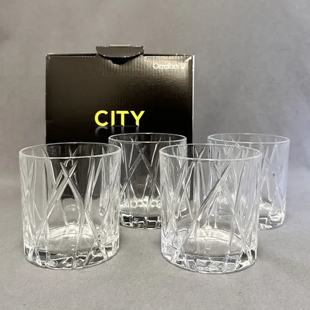 Fyra glas City Old fashioned, design Martti Rytkönen, Orrefors, höjd 8,5cm, i originalkarton