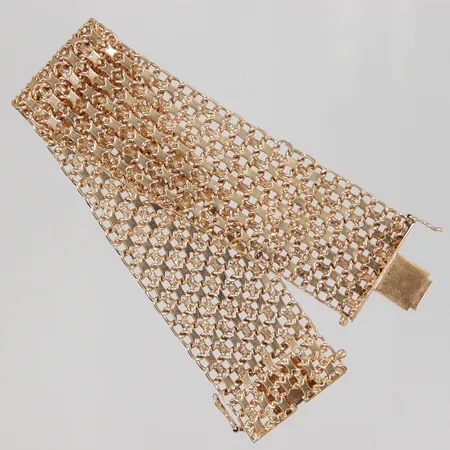 Armband, X-länk, 19,5cm, bredd 27mm, otydliga stämplar, 18K,  Vikt: 58,6 g