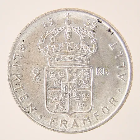 Mynt, Gustaf VI Adolf Sveriges Konung, 2kr, Ø31mm, Plikten framför allt, 1955, silver 400/1000 Vikt: 13,9 g