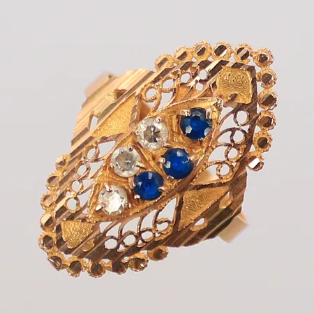 Ring med 3 blå och 3 vita stenar, stl 19, bredd 17mm, ovandel är lös, 14K 3,2g totalt 
