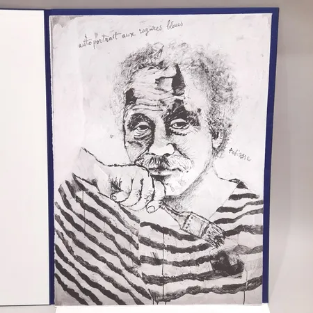 Grafiskt blad, Theo Tobiasse, Autoportrait aux rayures bleues Tobiasse, bildmått 76x56cm, osignerad, oramad, i portfolio. Ur Symphonie en Blue.  Skickas med postpaket.