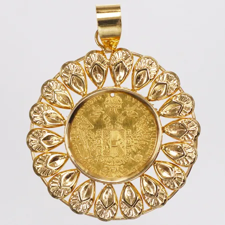 Hänge med mynt, längd 4,8cm inkl ögla ,ram i 14K, Franc IOS I D G Avstriae Imperator, Lod ILL REX AA1915 Hvngar Bohem Gal , Øca20mm, mynt i 21,6K, bruttovikt 6,3g. 