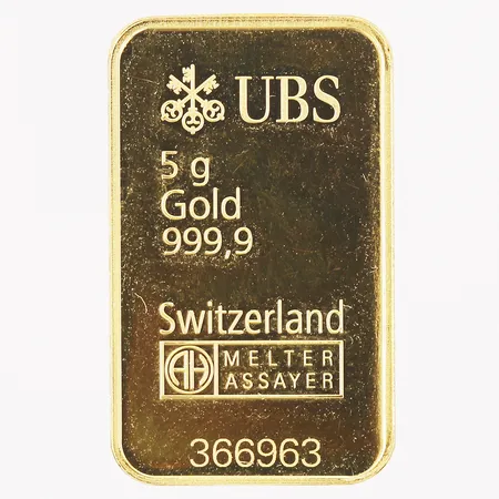 Guldtacka, UBS, snr: 366963, 24K guld. Vikt: 5g. Bruten plombering av oss.