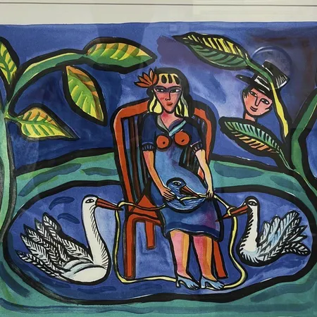 Litografi, Ulrika Hydman Vallien, "Svandammen", signerad,  numrerad 251/300, bildmått 51x40cm, rammått 64x53,5cm, ej examinerad ur ram Specialfrakt, kontakta pantbankskontoret för mer information.