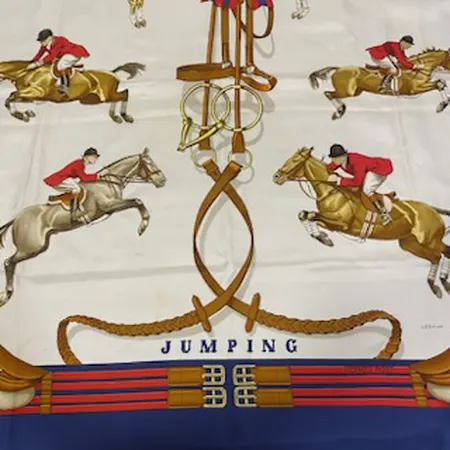 Scarf, Hermès, "Jumping", Phillipe Ledoux 1971, siden, 90x90cm, fläckar. 