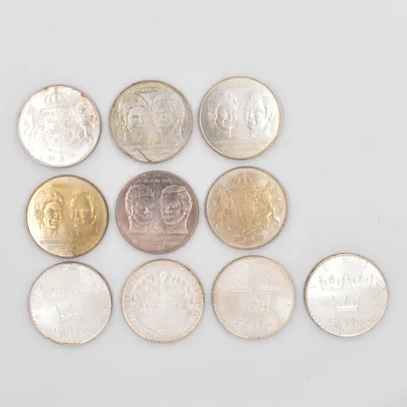 10 Samlarmynt, ca Ø 36mm, nominellt värde 50kr/st, silver, vikt ca 270g Vikt: 270 g