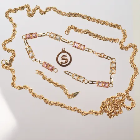 Halsband i 3 delar, Armband med stenar, i 2 delar, Hänge "S" saknar ögla, allt defekt, 14K 12,3g totalt. 