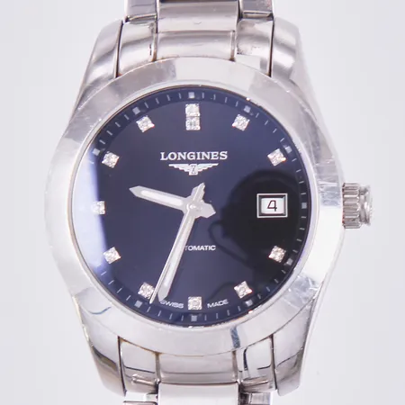 Damur Longines Conquest Classic, stål, automatisk, 30mm, ref: L2.285.4 ref: 42627685, Cal. L595.2, diamantindex, datum, glasbaksida, stållänk, dubbelviklås, repig boettring, box, extra länkbitar