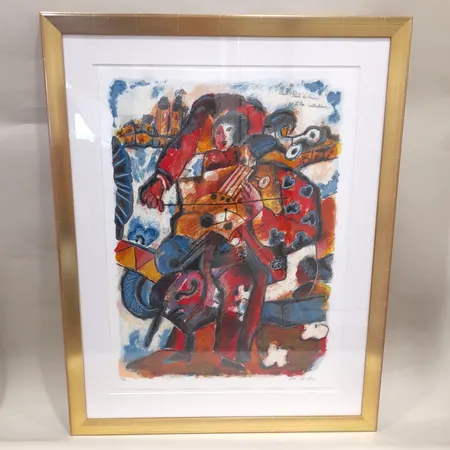 Tavla, färglitografi, Theo Tobiasse, Saint-Paul de Vence et la contrebasse, signerad, numrerad 103/180, bildmått 76x56 cm, mått inklusive ram 99x78cm. Skickas med postpaket. Skickas med postpaket.