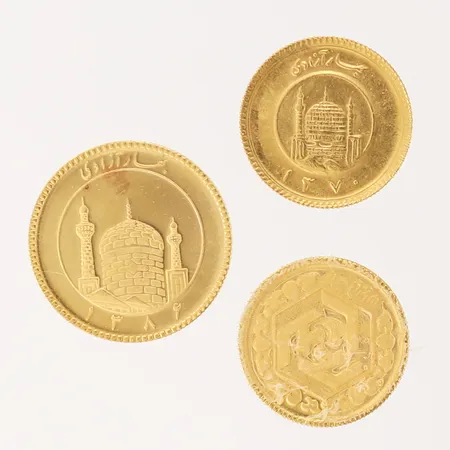 Tre mynt, Iran, Azadi, Ø16-19mm, 900/1000, 21K.  Vikt: 8,2 g