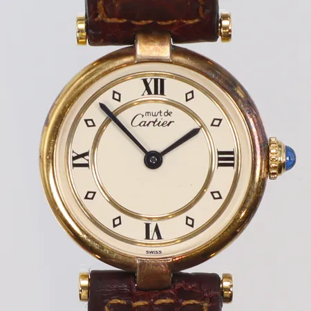 Damur Vermil Must De Cartier Ø24mm, quartz, snr 068039, refnr 590004, 925/1000 silver, förgyllt, slitet läderarmband, certifikat daterat 24/06/1992, manual, box, sevice på klockan 17/05/94