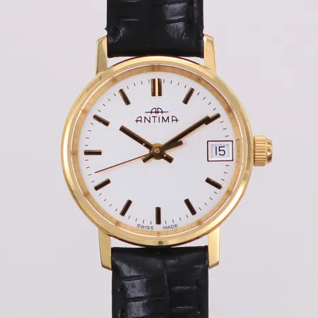 Damur, Ø22mm, Antima, datum, gravyr, 18K, läderband, originalask batteribyte krävs. Bruttovikt 15,5g
