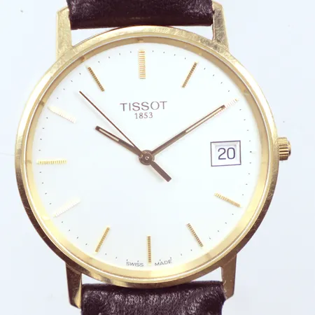 Herrur Tissot Quartz, behov av batteribyte, Ø33mm, skinnband, bruttovikt 26,3gr, 14k