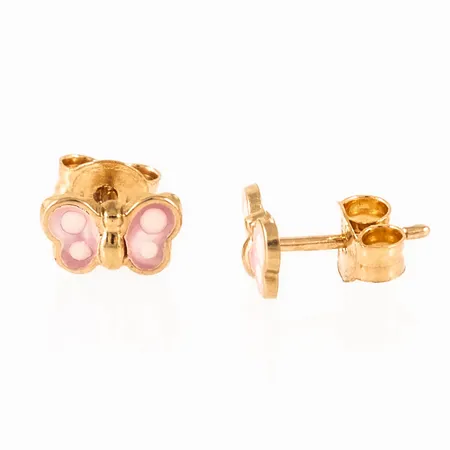 Örhängen i 18K guld. Fjärilar i rosa emalj. De är 7 x 4 mm och väger 0,4g. 