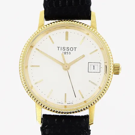 Damur Tissot, 18K, quartz, Ø24mm, vit urtavla, datum, sekundvisare, original läderband 20,5cm, gravyr, i behov av batteribyte, bruttovikt 16,9g, inga tillbehör.